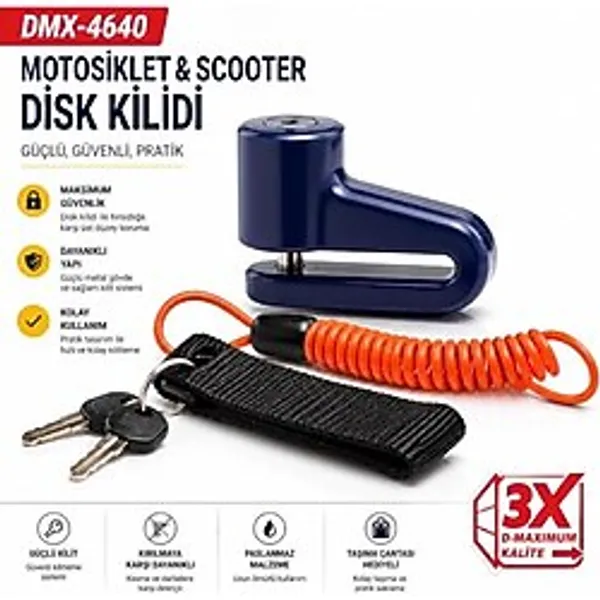 Motosiklet Disk Kilidi Seti - Scooter Güvenlik Kilidi, Hatırlatma Kablosu, 2 Anahtar