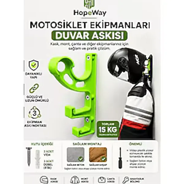 Motosiklet Kask ve Ekipman Askısı - Kask, Mont ve Ağır Ekipmanlar İçin Duvar Askısı (Yeşil)