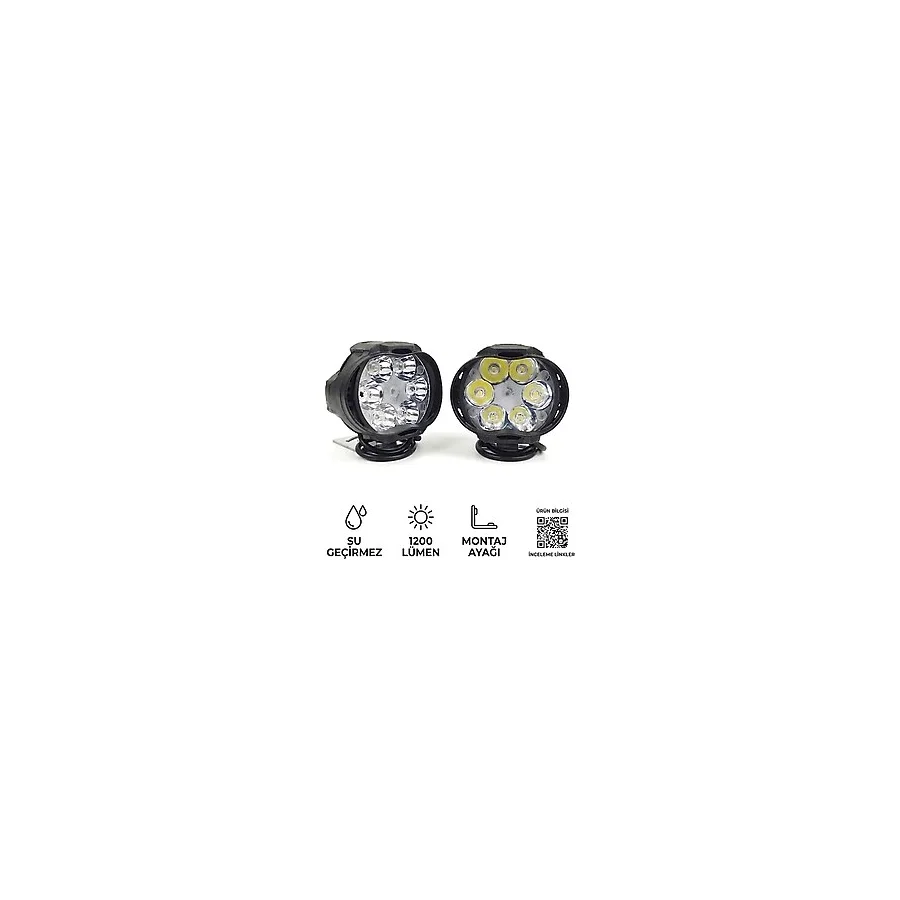 Motosiklet Ve Elektrikli Araç Uyumlu 6 Led'li 2 Modlu Beyaz Renk Mercekli Ek Aydınlatma Lambası 9-85V 2'Li Paket