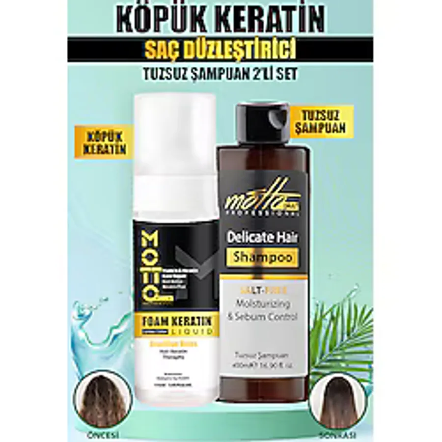 Motto Plus Professional Düzleştirici Köpük Keratin Botox ve Tuzsuz Şampuan 2'li Saç Bakım Seti