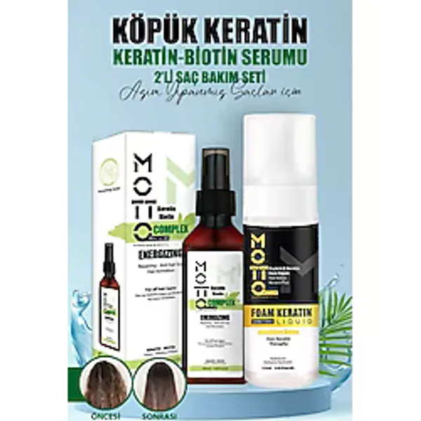 Motto Plus Professional Saç Pürüzsüzleştirici ve Düzleştirici 2'li Saç Bakım Seti (Köpük Keratin - Keratin & Biotin Serum) - Beyaz
