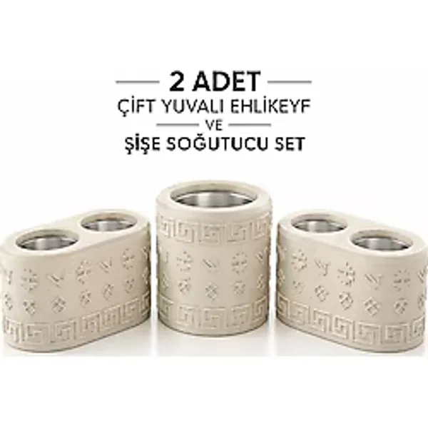 Mottopi Ehlikeyf Şişe Soğutucu ve 2 Adet Çift Kadeh Bardak Soğutucu-Mermer Renk