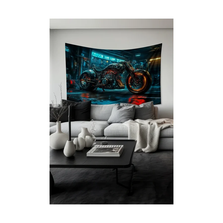 Moud'S Neon Işıklı Motosiklet Desenli Duvar Halısı Duvar Örtüsü Tapestry Süet Dokulu Kumaş