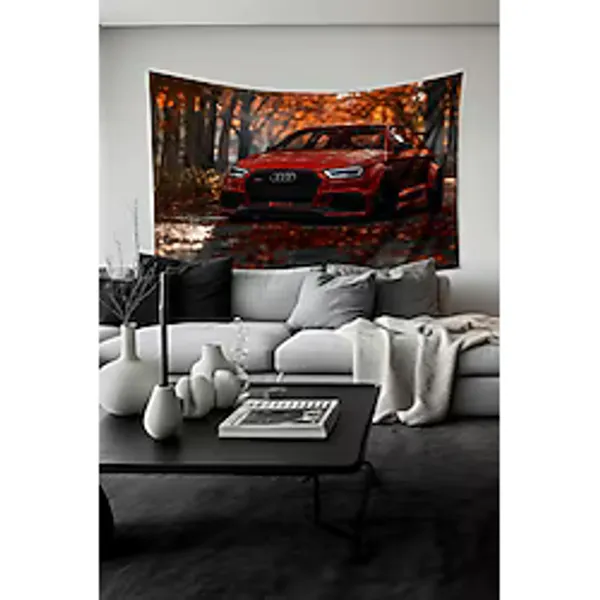 Moud'S Sonbahar Kırmızı Araba Desenli Duvar Halısı Duvar Örtüsü Tapestry Süet Dokulu Kumaş