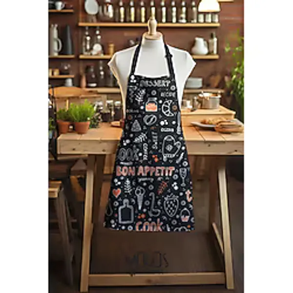 Moud's Süet Kumaş Bon Appetit Cook Desenli Mutfak Önlüğü, Aşçı Önlüğü, Garson Önlüğü, Restoran Önlük
