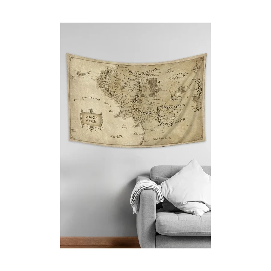 Moud'S Yüzüklerin Efendisi Orta Dünya Haritası Desenli Duvar Örtüsü Duvar Halısı Tapestry Süet Dokulu Kumaş