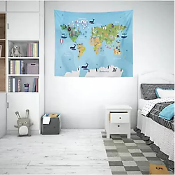 Move Home Dünya Haritası Desenli Kumaş Duvar Örtüsü,Duvar Halısı