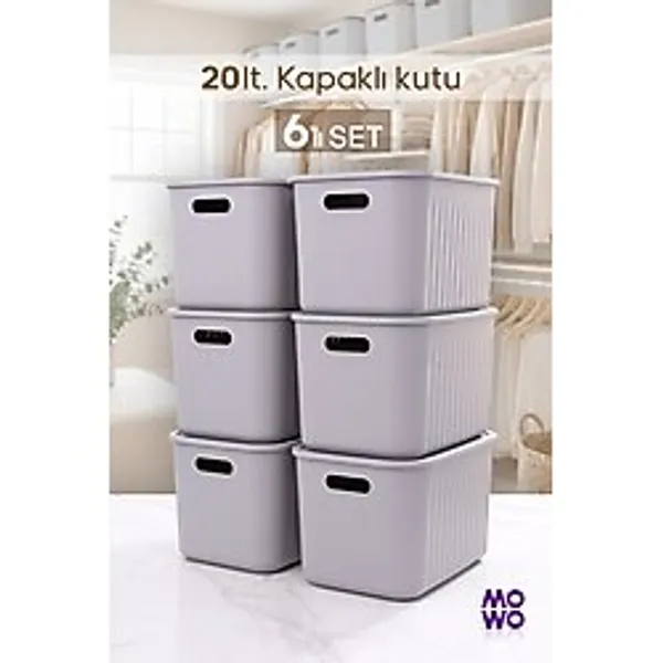 Mowo Home BigBox 20 Lt 6'lı Gri Dolap Düzenleyici Kapaklı Saklama Kutusu Sepet Organizer Oyuncak kutusu
