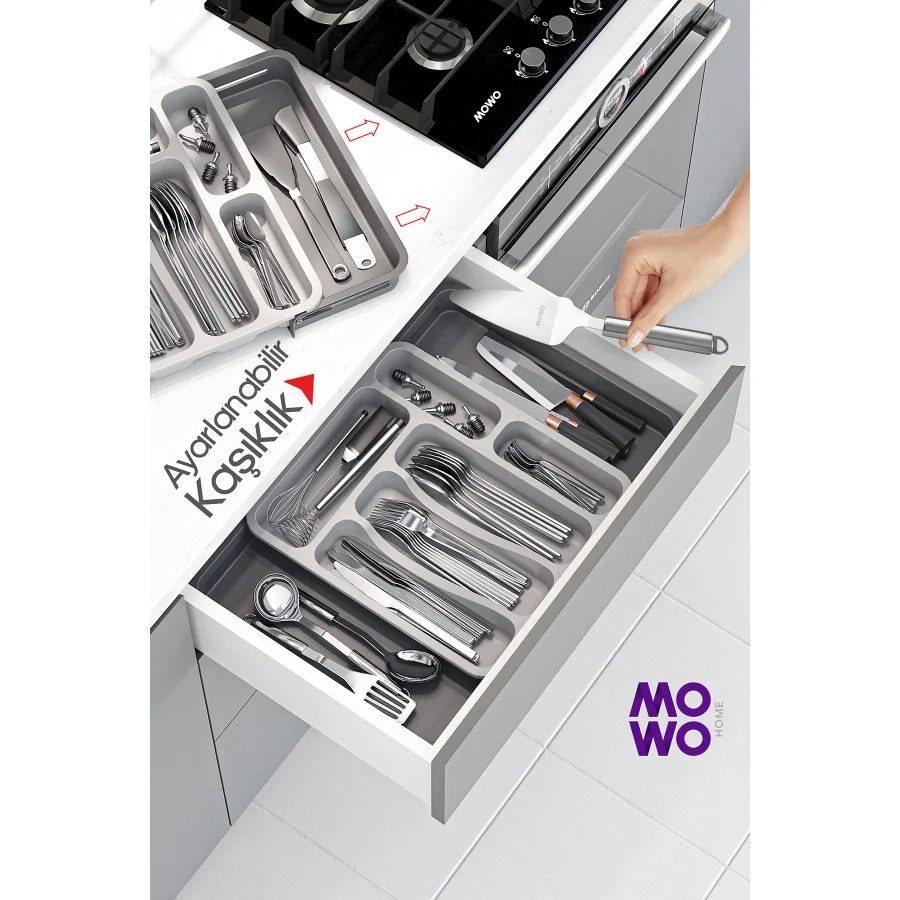 Mowo Home Gri Çift Taraflı Uzayabilen Pratik Çekmece İçi Kaşıklık Organizer Dolap içi Çekmece Düzenleyici