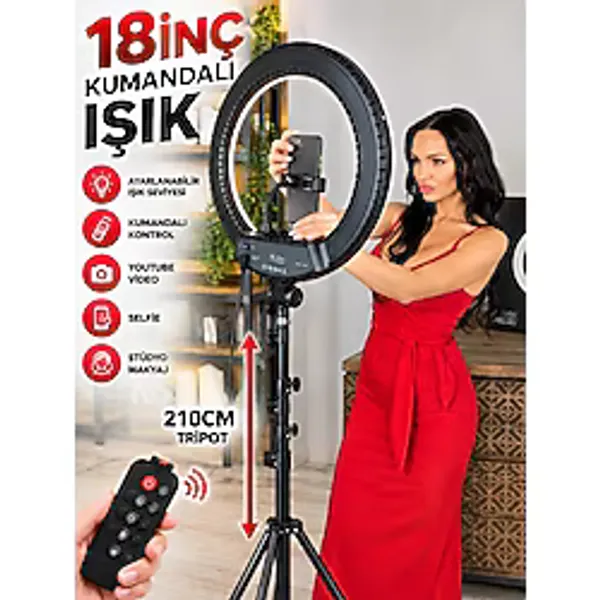 Moxti 18 Inç Kumandalı Işık LED 210 cm Tripod Youtuber Video Selfie Stüdyo Makyaj Tiktok Işığı Ring Light - Beyaz