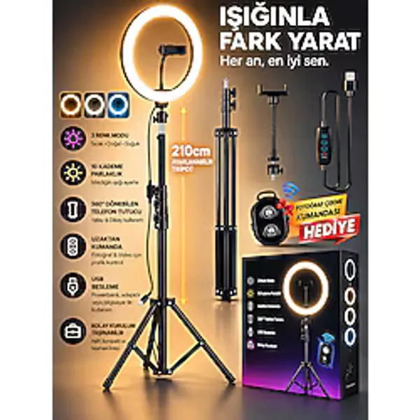 Moxti Kumandalı Youtuber Tiktok Çekim Işıklı Telefon Tutucu Makyaj Işığı Ring Light 10 Inç + 2.1 M Tripod