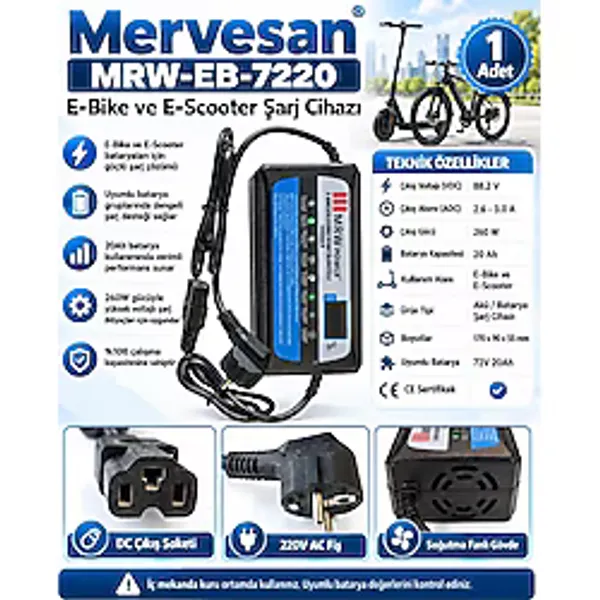 Mrw Power 72V 20A Elektrikli Motor Bisiklet Şarj Cihazı Aleti Adaptörü Fanlı T-Tipi (T Kafalı) 72 Volt 20 Amper Ip20 Dij