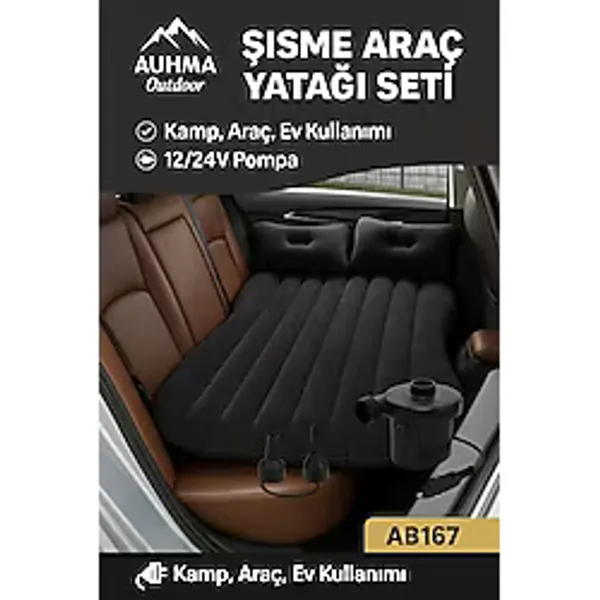 Ms Araba Arka Koltuk Şişme Yatak Oto Kamp Seyahat Yatağı Pompa Yastık Tamir Setli Siyah