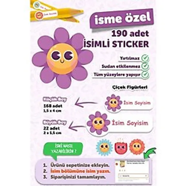 MSticker Okul Etiketi Kalem Defter Etiketi Çiçekler Temalı Özel Isim Yazılabilen Etiket - 190 Adet