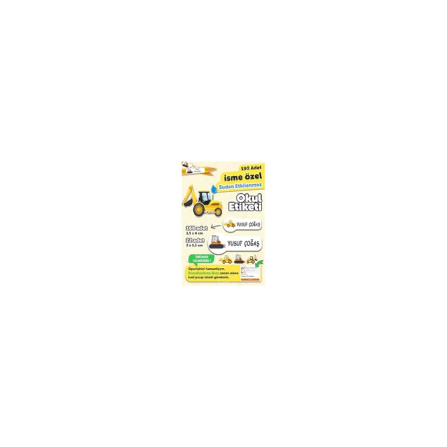 MSticker Okul Etiketi Kalem Defter Etiketi Iş Makinaları Özel Isim Yazılabilen Etiket - 190 Adet