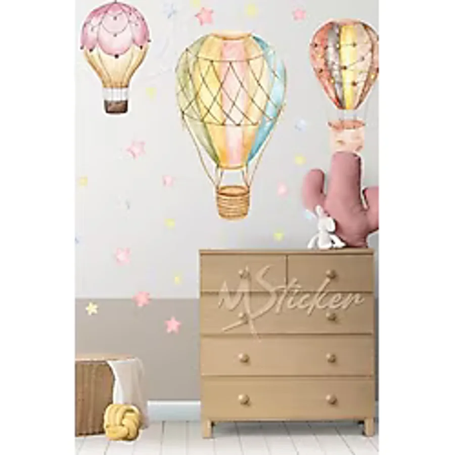 MSticker-Pembe Tonlarda Uçan Balonlar Ve Yıldızlar Çocuk Bebek Odası Duvar Sticker Seti