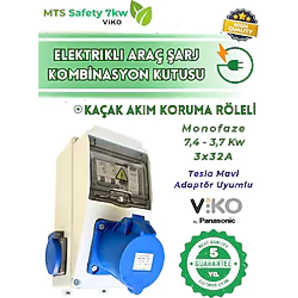 MTSevcharger 7.4 Kw 3/32 A VIKO Kaçak Akım Roleli Tesla Mavi Adaptör Uyumlu Halojen Free Yanmaz Seyyar Elektrikli Araç Şarj Cihazı İstasyonu Kombinasyon Panosu Kutusu - Viko/Panasonic