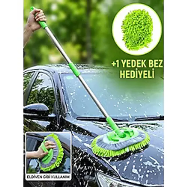 Mucit Home Araba Yıkama Fırçası Oto Yıkama Mop Mikrofiber Bezli Teleskopik Saplı 1 Yedek Bez Hediye