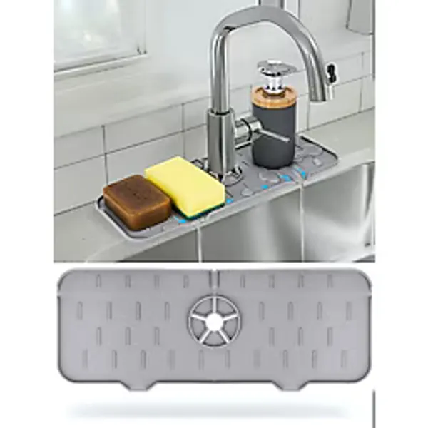 Mucit Home Silikon Musluk Matı - Su Geçirmez Lavabo Kenar Damlatmaz Altlık Düzenleyici Mat - Gri - bulaşık