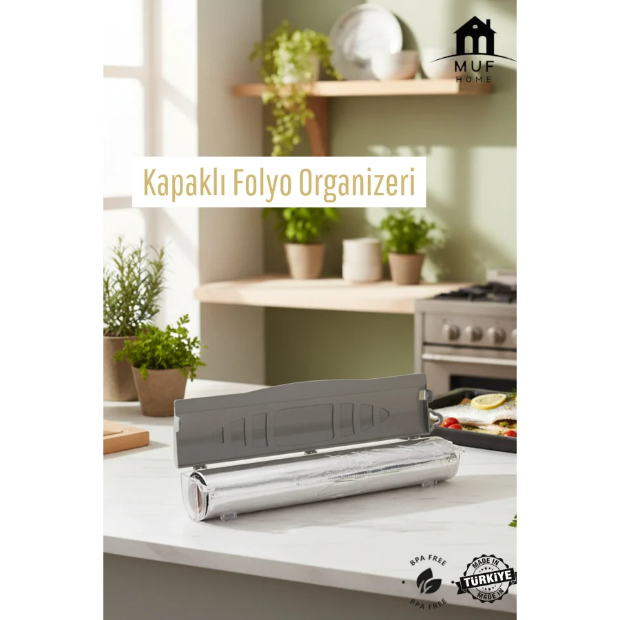 MUF HOME Folyo Kesici Folyo Organizeri Streç Film Ve Folyo Kesici Kapaklı Rulo Folyo Organizeri