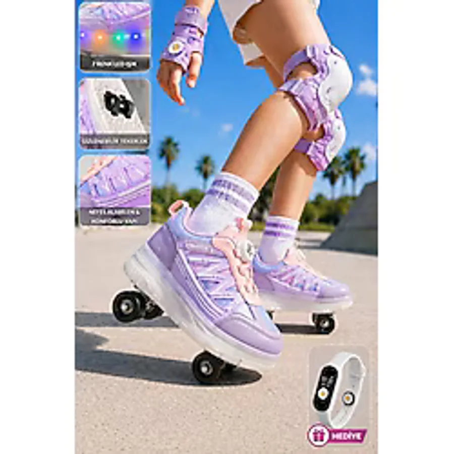 Muggo Skate Çocuk Işıklı Patenli Tekerlekli Sneaker Spor Ayakkabı - Lila - 31