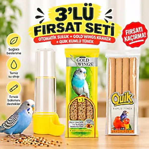 Muhabbet Kuşu Seti Otomatik Kuş Suluğu + Gold Wings Ballı Kraker 3'lü + Quik Kumlu Tünek 4'lü - 3 adet