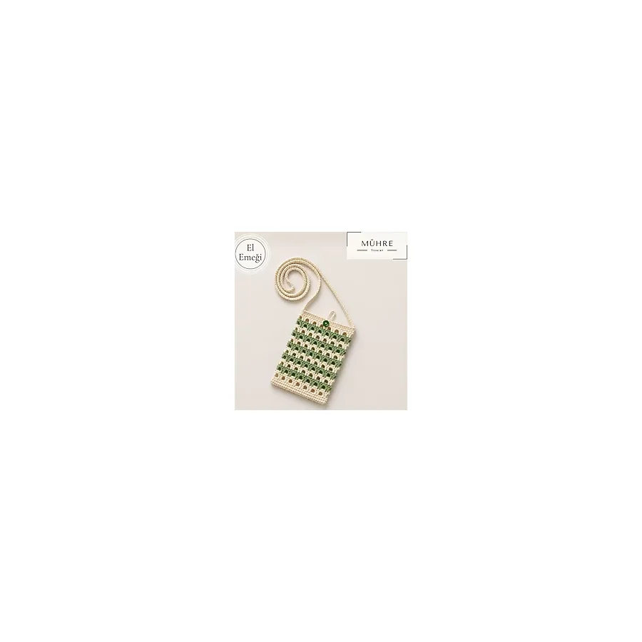 Mühre Mini Çapraz Askılı Omuz Çantası El Emeği Amigurumi Telefon Çantası - Yeşil - Bej