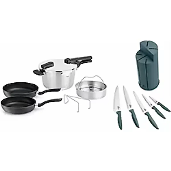 Muhteşem 4lü Fissler 4,5lt Glossy Düdüklü Tencere+buharda Pişirme Aparatı+fissler Cenit Pan 2 'li Tava Seti - 24-28 Cm+karaca Proofcut Green 6 Parça Standlı Bıçak Seti Açık Gri