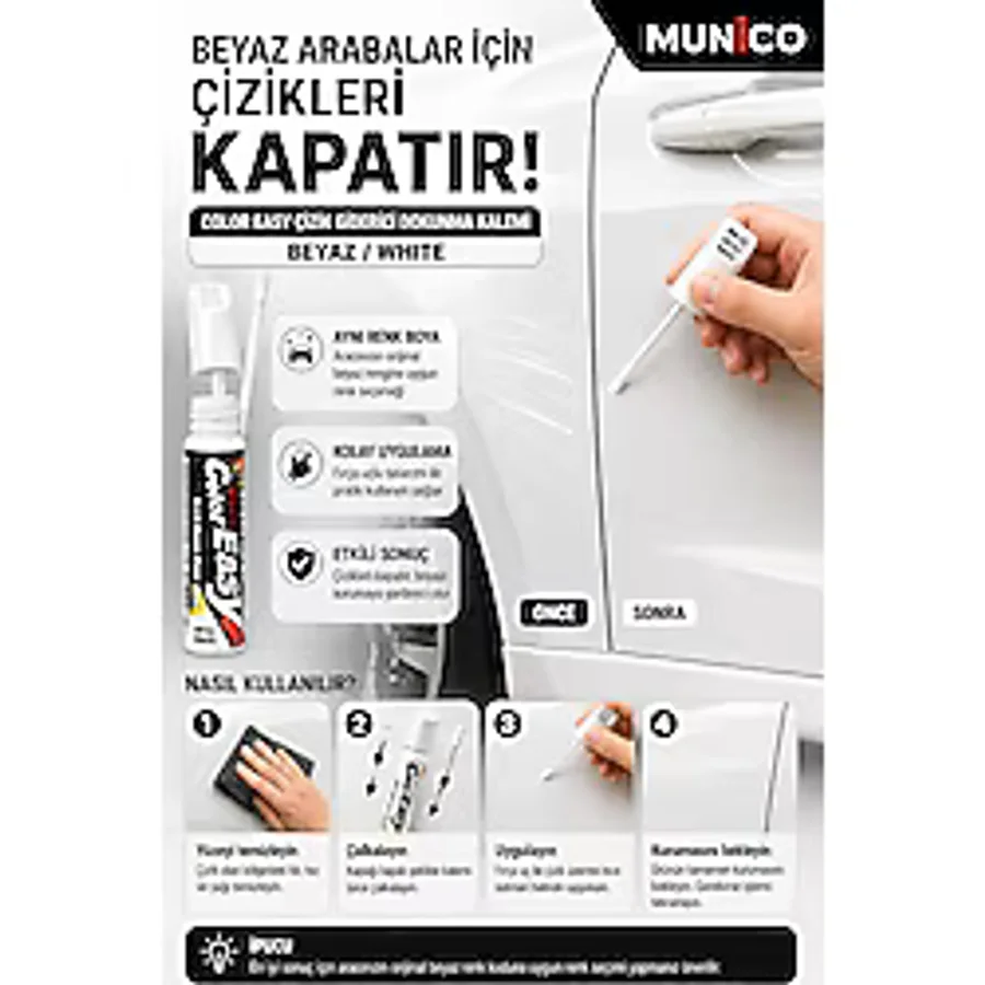 Munico Metalik Beyaz Oto Rötuş Kalemi Detay Sırıtmaz Detay Kaporta Çizik Giderici Uzun Ömürlü Boya Kalemi