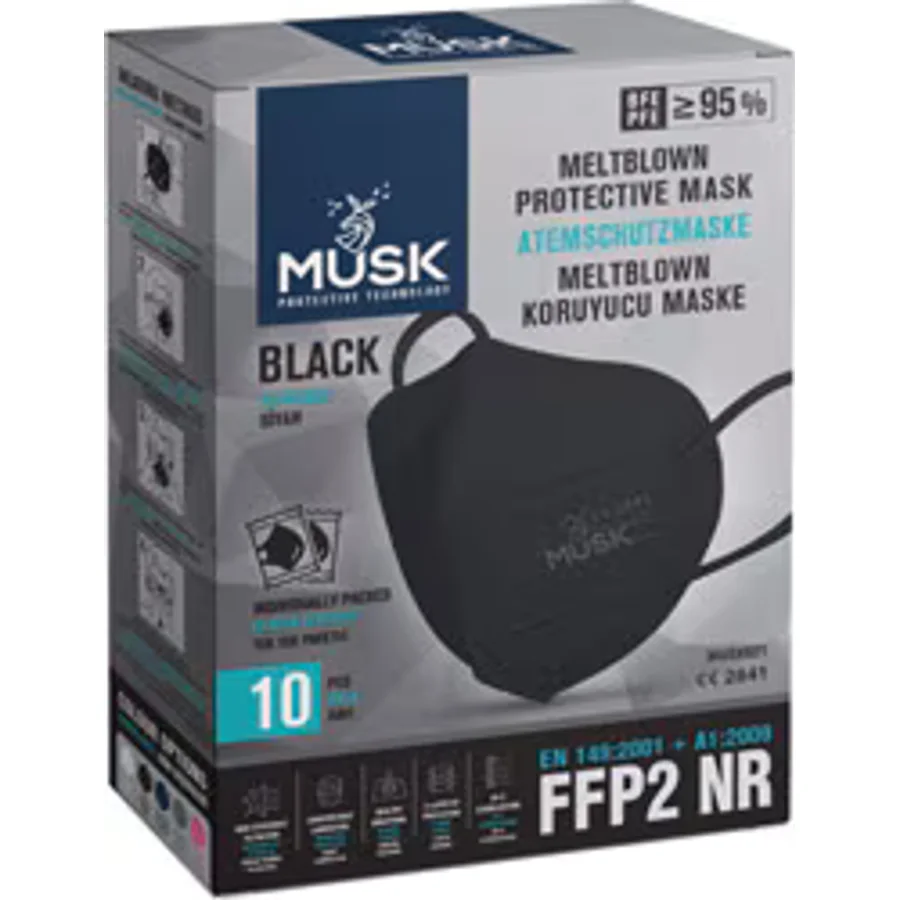 Musk Black FFP2 NR N95 5 Katlı Meltblown Siyah 10'lu Ultrasonik Koruyucu Maske
