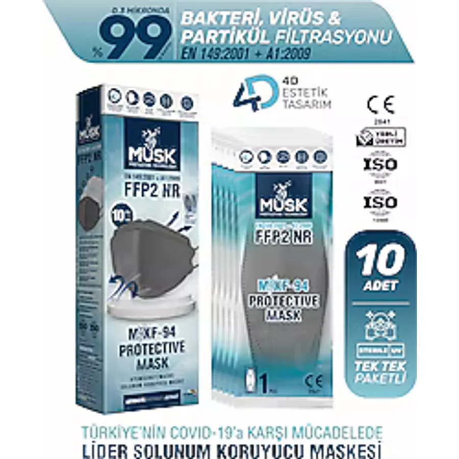 Musk KF94 Kore Tipi FFP2 Maske 10'lu Antrasit
