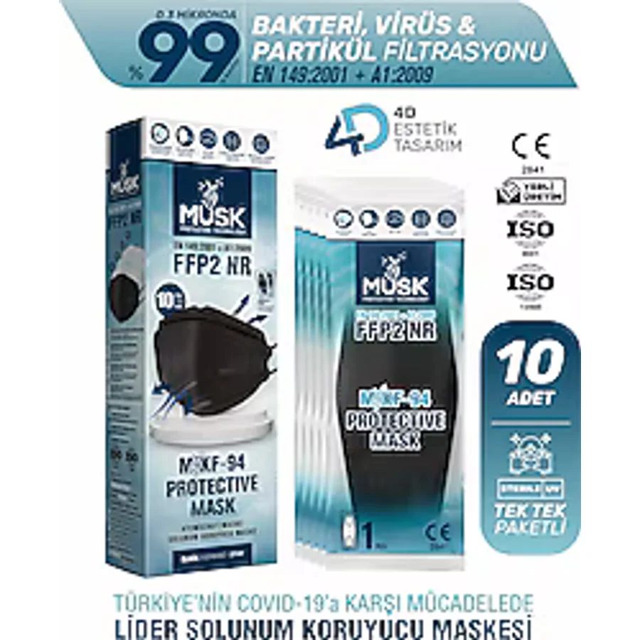 Musk KF94 Kore Tipi FFP2 Maske 10'lu Siyah