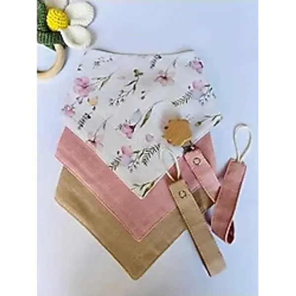 Müslin % 100 Organik Bebek Önlük (Yakalık)Ahşap Klipsli Emzik Askısı 5' Li Set