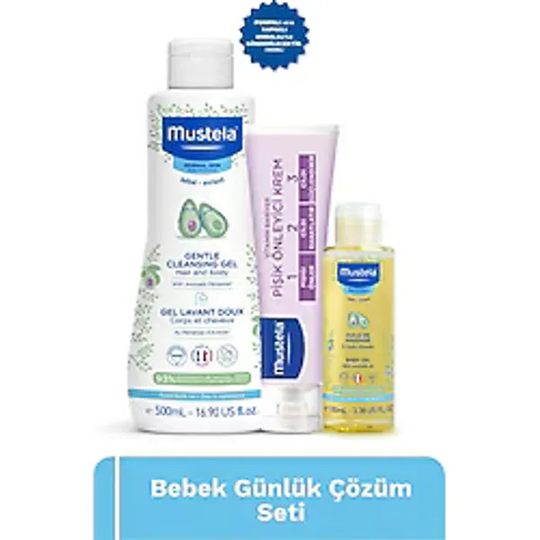 Mustela Bebek Günlük Bakım Seti - 500 ml Şampuan, 50 ml Pişik Önleyici Krem ve 100 ml Nemlendirici Bebek Yağı