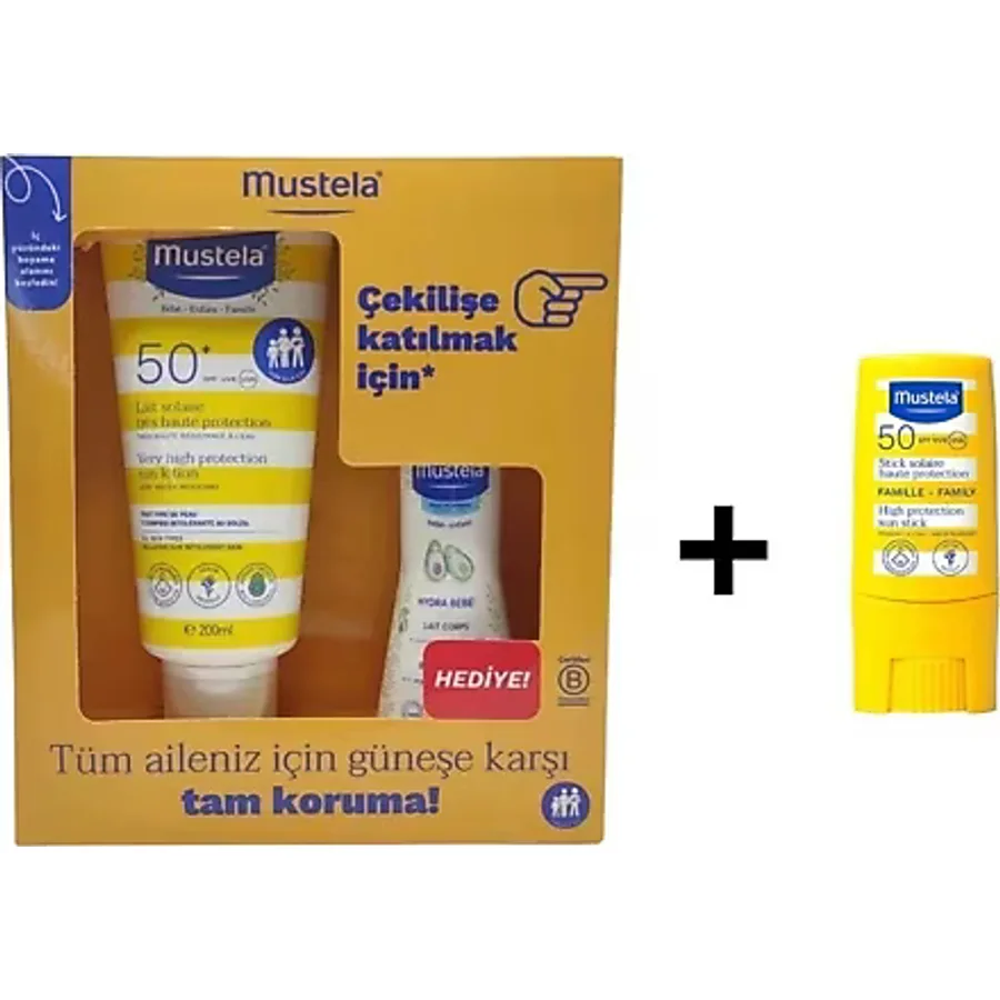 Mustela Spf50+ Güneş Losyonu 200 ml 100 ml Hydra Bebe + Mustela Spf 50 Stick Güneş Kremi 9 Ml