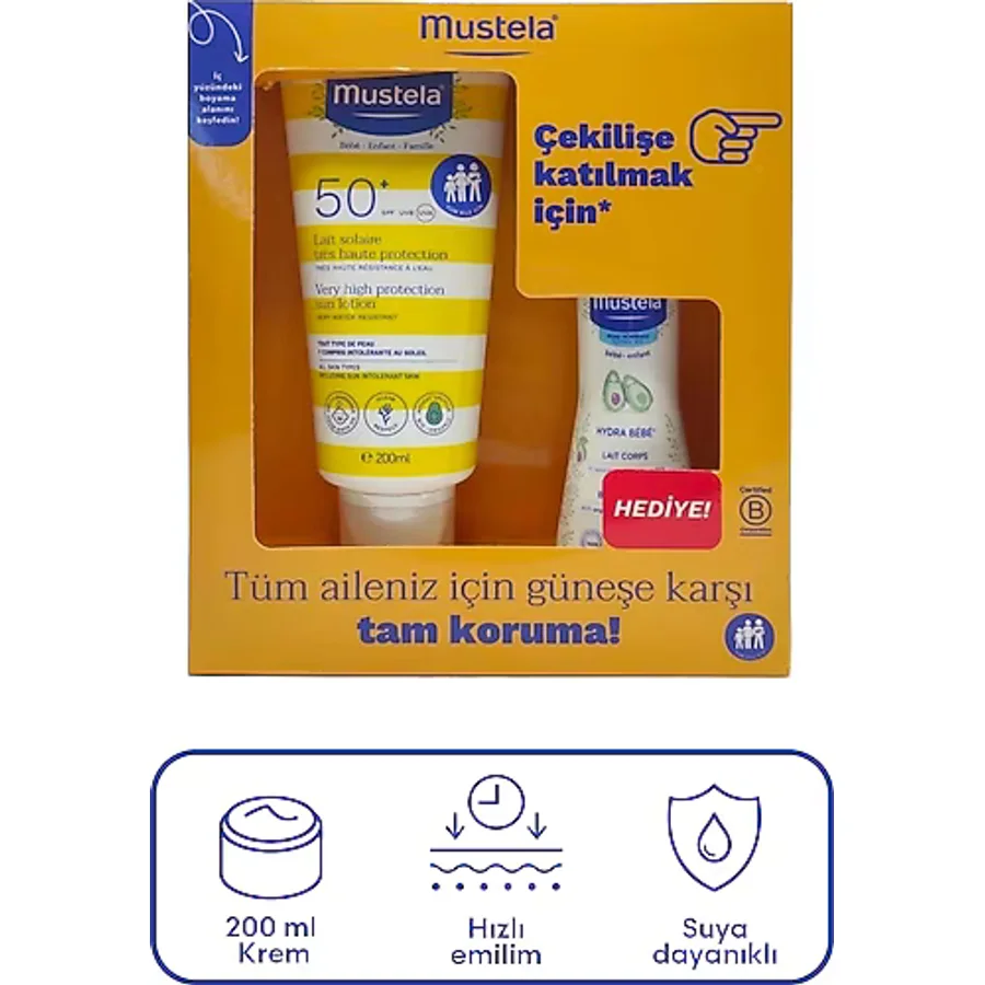 Mustela Spf50+ Yüksek Koruma Faktörlü Güneş Losyonu 200 ml + Hydrabebe Vücut Losyonu 100 ml