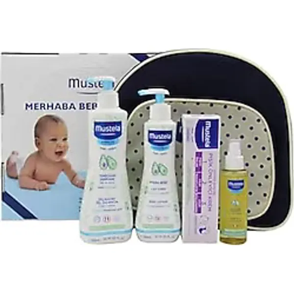 Mustela Yenidoğan Merhaba Bebek Bakım Seti, Şampuan, Vücut Losyonu, Masaj Yağı, Krem, Çanta Hediyeli