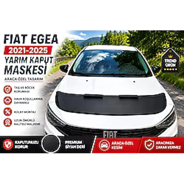 mutlu oto aksesuar Fiat Egea 2021-2025 Yarım Kaput Maskesi Araca Özel Siyah Deri Kaput Koruyucu Taş ve Böcek Koruma