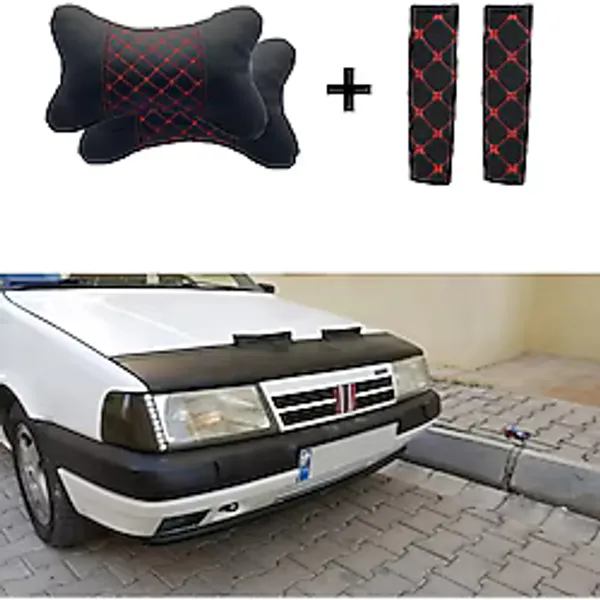 mutlu oto aksesuar Fiat Tempra Uyumlu Kaput Maskesi Kırmızı Nakış Kapitone Yastık-Kemer Setli