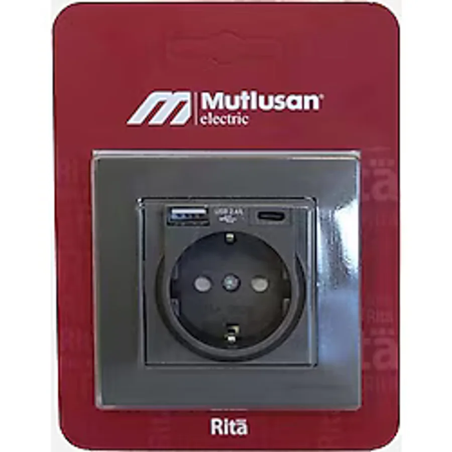 Mutlusan Rita Füme Usb + Type C Şarjlı Topraklı Priz