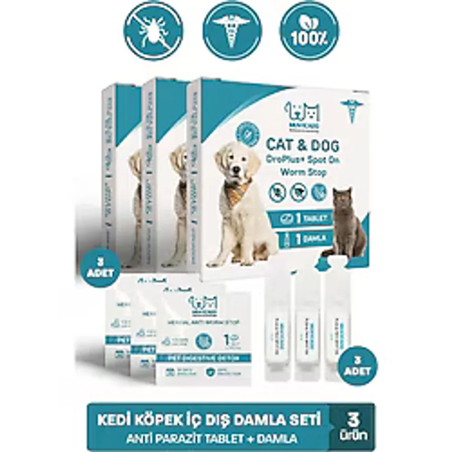muvicado Kedi Köpek Herbal Worm Stop Bitkisel Tablet 250 mg+ Anti Spot On Bitkisel Damla 1 ml Bit Pire Kene