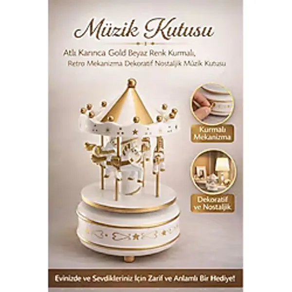 #MüzikKutusu Atlı Karınca Gold Beyaz Nostaljik Hediye Dekoratif Kurmalı Retro Mekanizma Müzik Kutusu