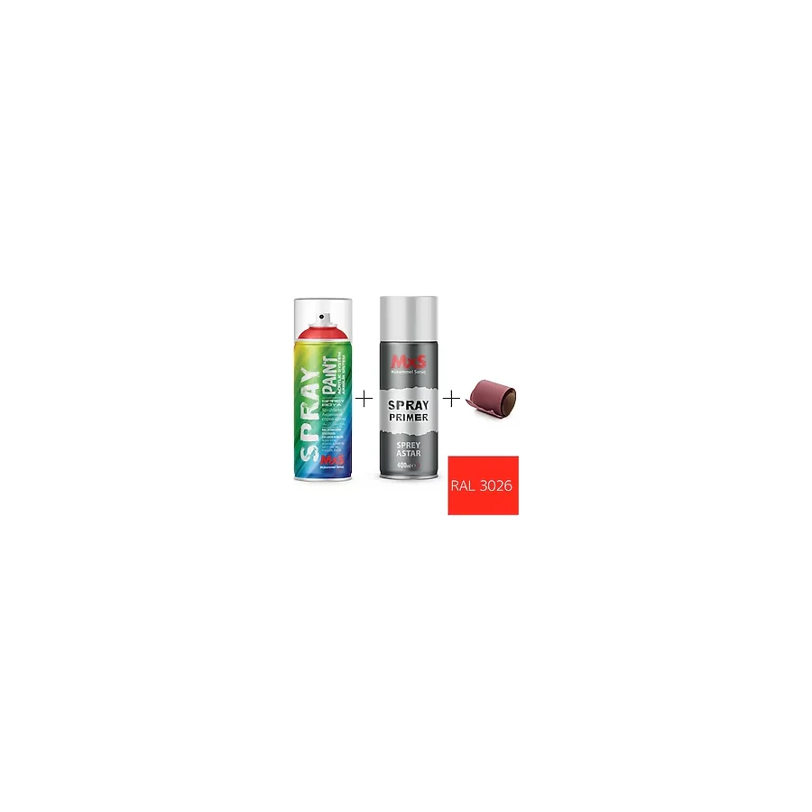 MxS Sprey+Astar Özel Yapım Akrilik Sprey Boya Seti 400 ml (Araba-Metal-Plastik-Ahşap) + Zımpara - RAL-3026 FLORESAN PARLAK