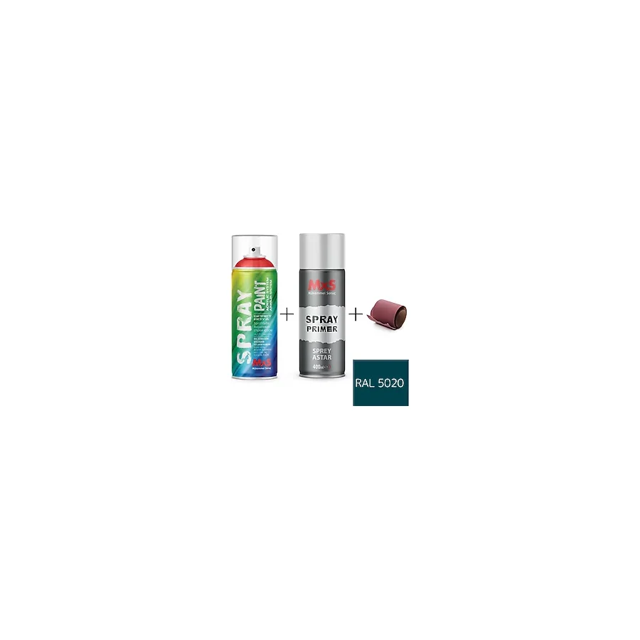 MxS Sprey+Astar Özel Yapım Akrilik Sprey Boya Seti 400 ml (Araba-Metal-Plastik-Ahşap) + Zımpara - RAL-5020 OKYANUS MAVİ