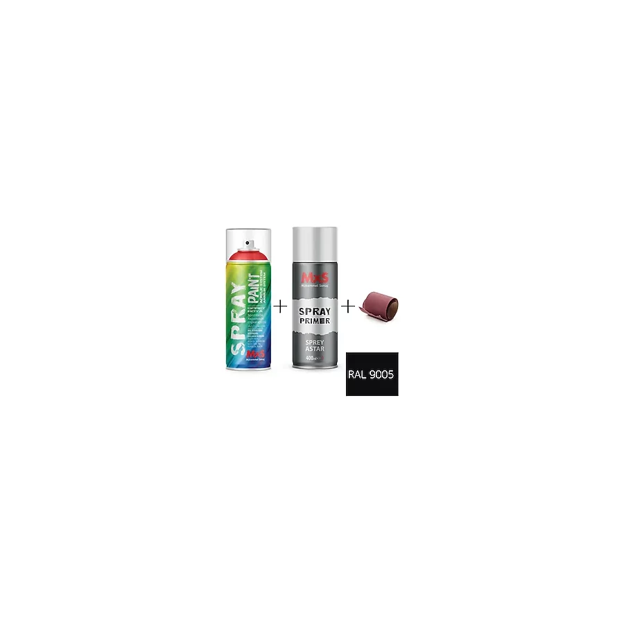 MxS Sprey+Astar Premium Özel Yapım Akrilik Sprey Boya Seti 400 ml (Araba-Metal-Plastik-Ahşap) + Zımpara - RAL-9004 SİNYAL SİYAH