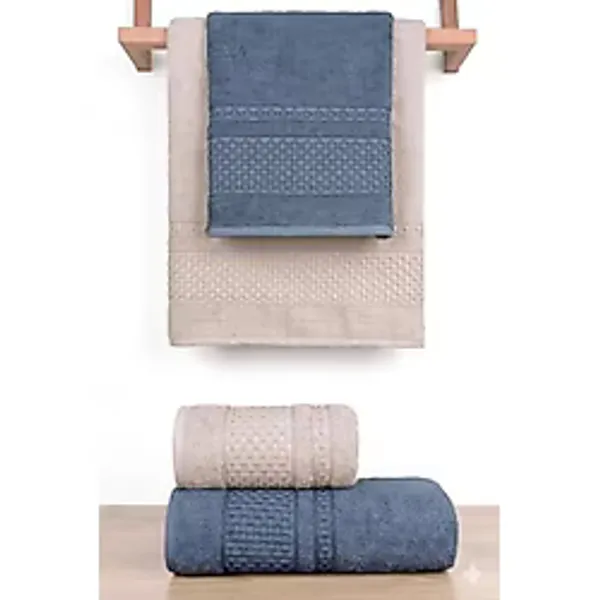 My Catherine Elvis 4'lü Banyo Havlu Seti Hamam Takımı 100% Pamuk İndigo-Krem 70x140, HS-ELVIS