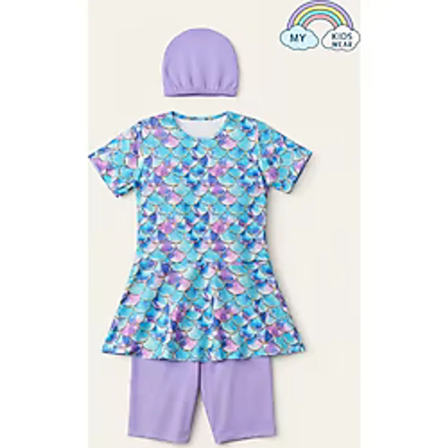 My Kids Wear Kız Çocuk Desenli Şortlu Bone Li Mayo Takımı 12574 Lila