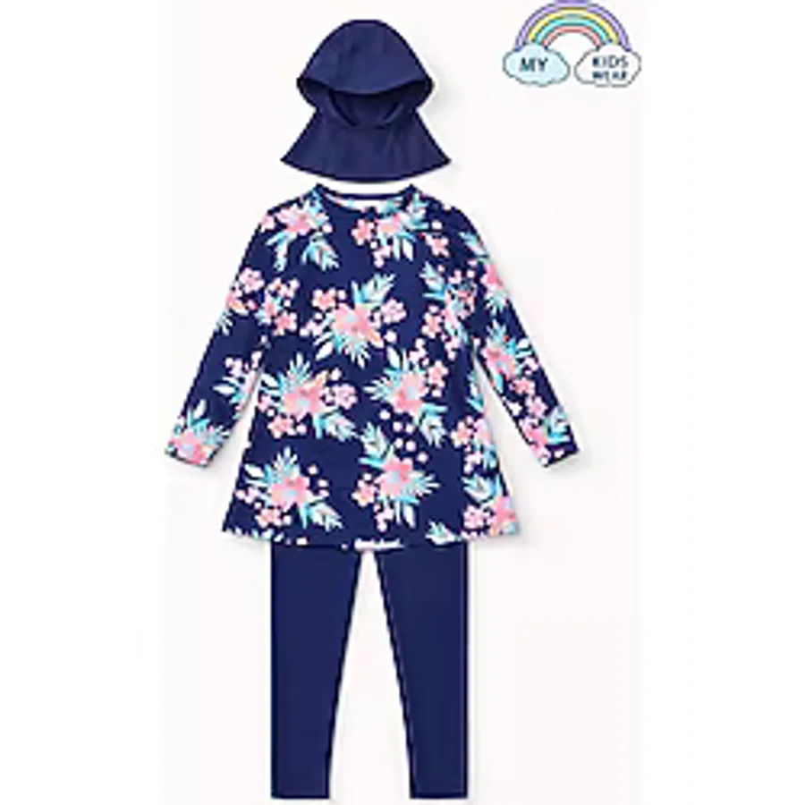 My Kids Wear Kız Çocuk Tesettür Mayo 3 Lü Takım Üst + Tayt + Bone 12566 Lacivert