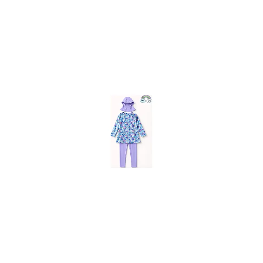 My Kids Wear Kız Çocuk Tesettür Mayo 3 Lü Takım Üst + Tayt + Bone 12569 Lila