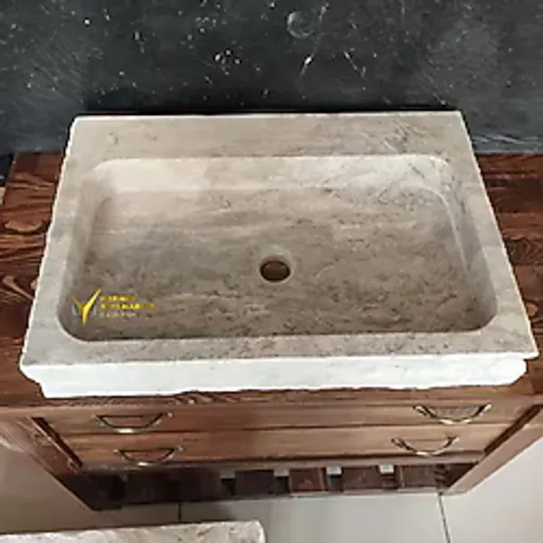 Mym Mermer Yapı Market Gümüş Traverten Natural Patlatma Köşeli Lavabo